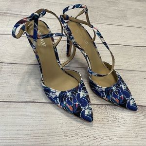 Nine West Blue Floral Karmenn Pointed Toe Strappy Heels